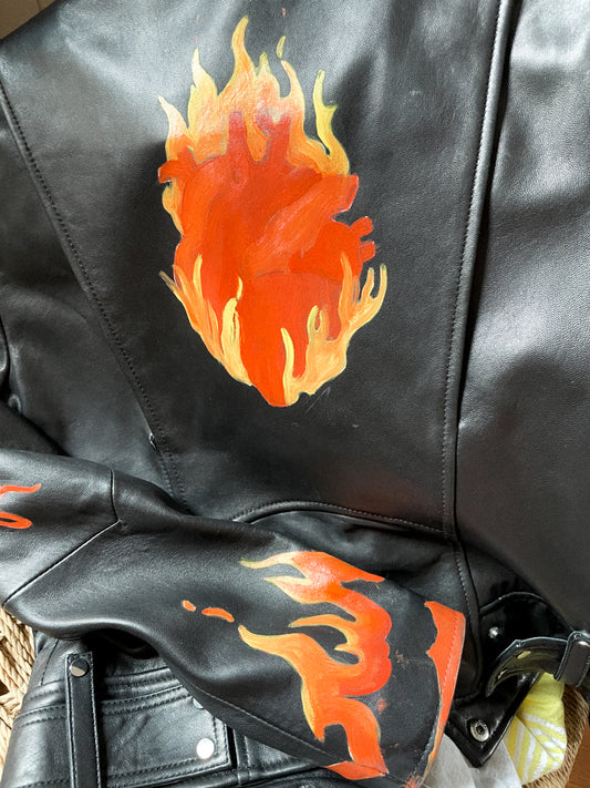 UpcycledNYC X ByBoulukos Amor Hand-painted Heart on Fire Moto Jacket