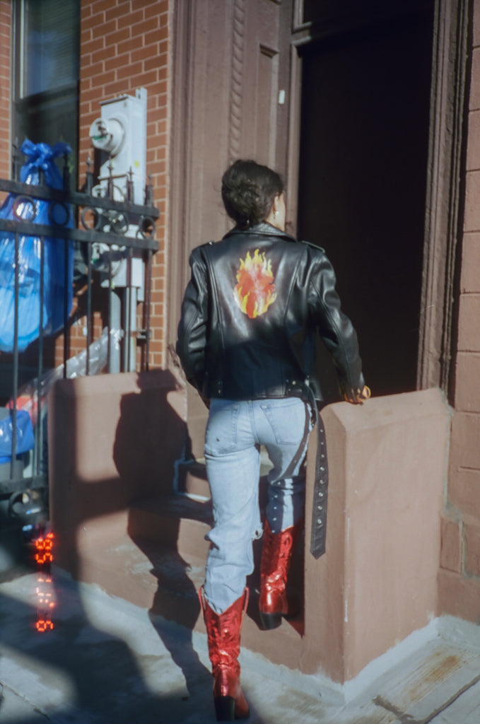 UpcycledNYC X ByBoulukos Amor Hand-painted Heart on Fire Moto Jacket