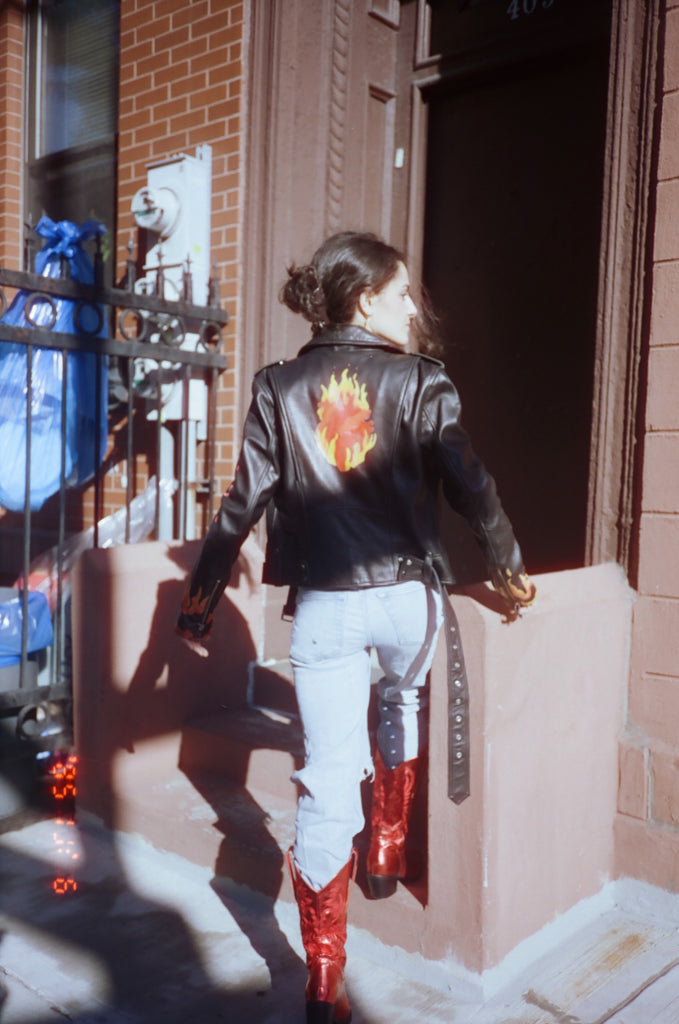 UpcycledNYC X ByBoulukos Amor Hand-painted Heart on Fire Moto Jacket