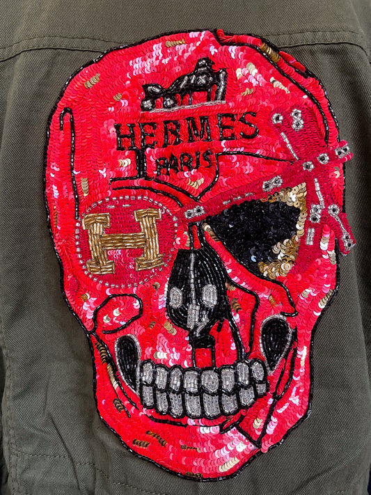 Upcycled Green Army Jacket - Red Skull Patch