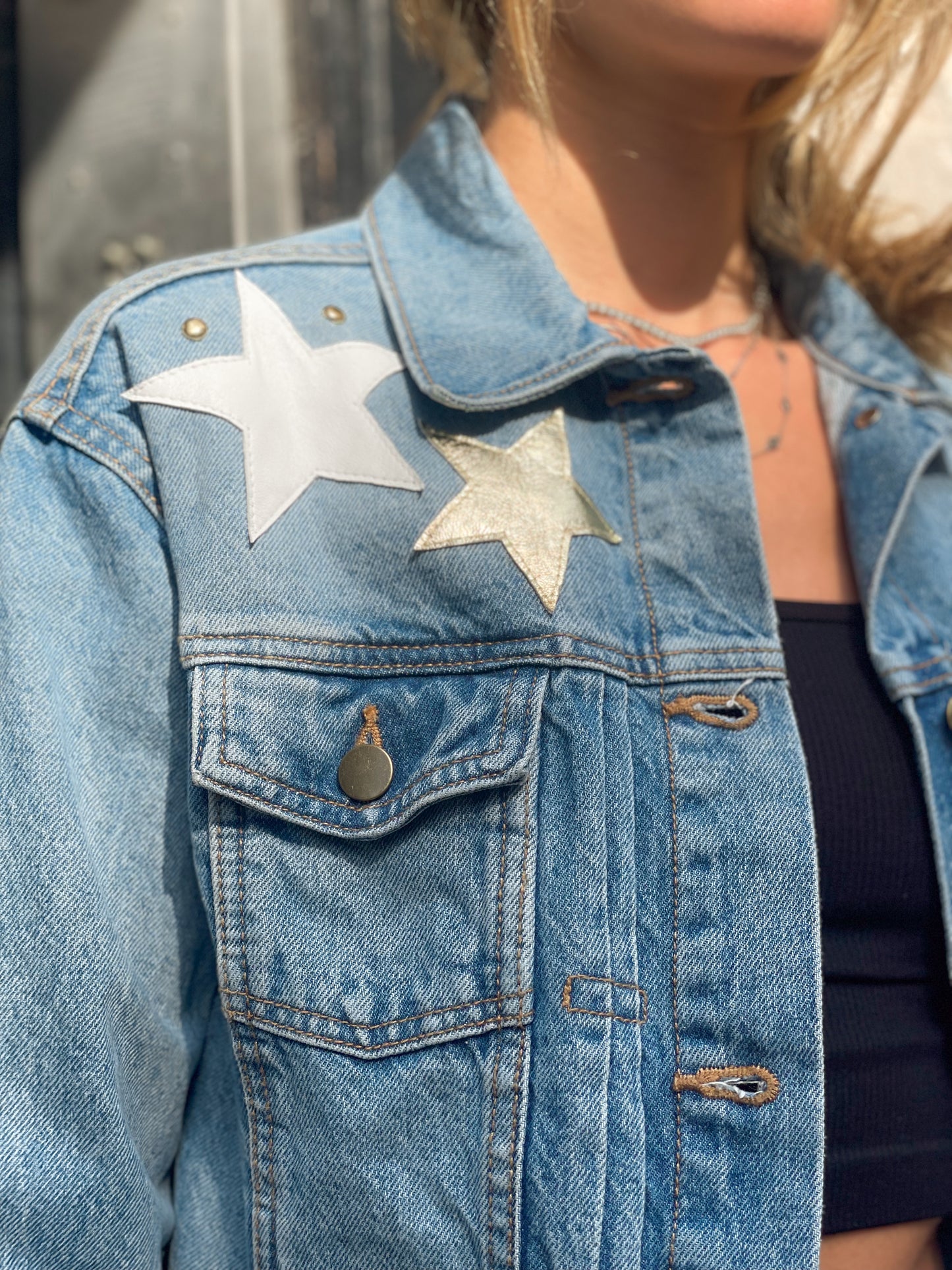 Upcycled Leather Stars Denim Jacket