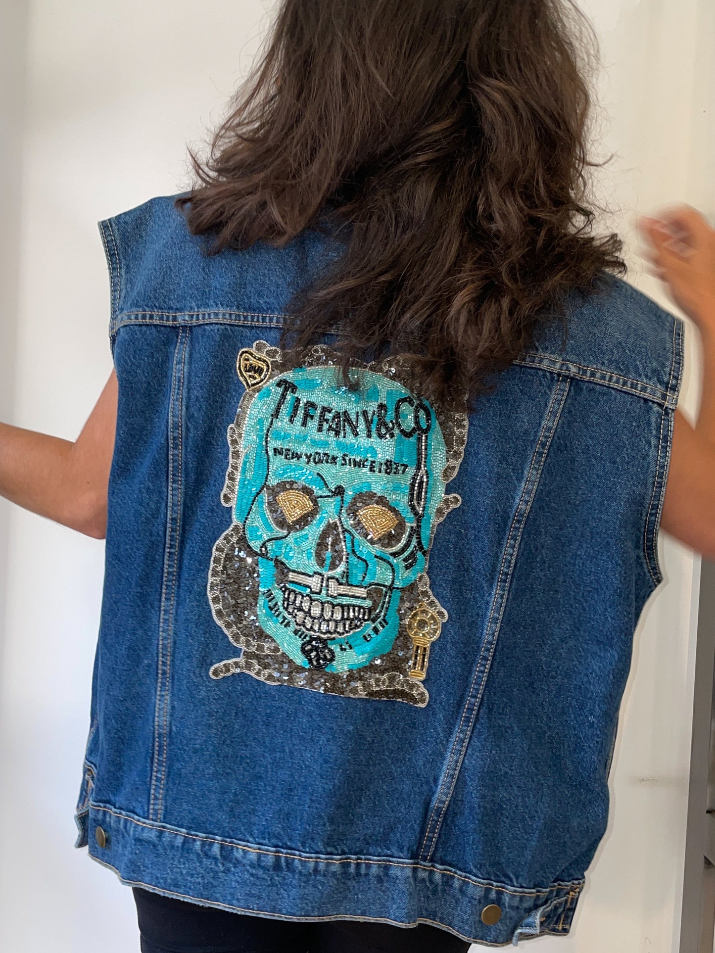 Upcycled Tiffany Skull Patch Denim Vest